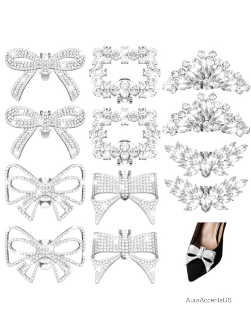 Rhinestone Bow Shoe Clips for Women - 12 Pack Removable Shoe Charms, Elegant